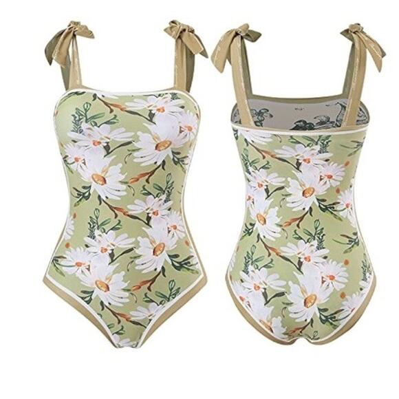 Visual Swim Womens Size Large One Piece Tie Strap Reversible Daisy Swimsuit EUC - Picture 2 of 15